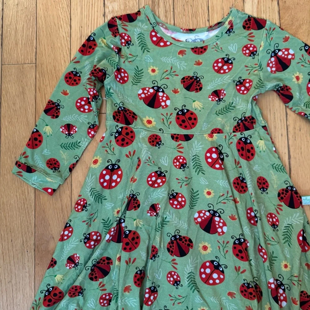 Pure Bambinos Girls Green Ladybug Bamboo‎ Viscose Twirl Dress Size 7Y NWT